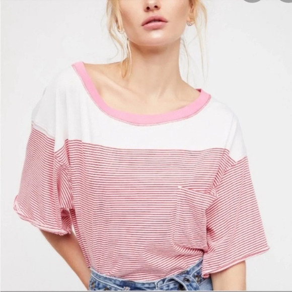 We The Free Girl Crush Cropped Oversized Striped Tee Pocket Prima Cotton XS Boho - Picture 1 of 10